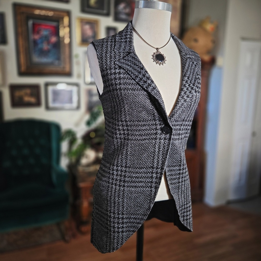 Rina Scimento Italy Grey Black Plaid‎ Knit Longline Vest Sleeveless Blazer Small